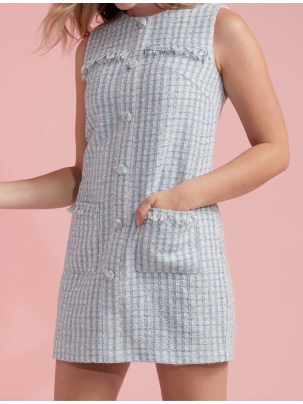 Hermoza Pale Blue Tweed Sleeveless Chemise with Fringe Pockets
